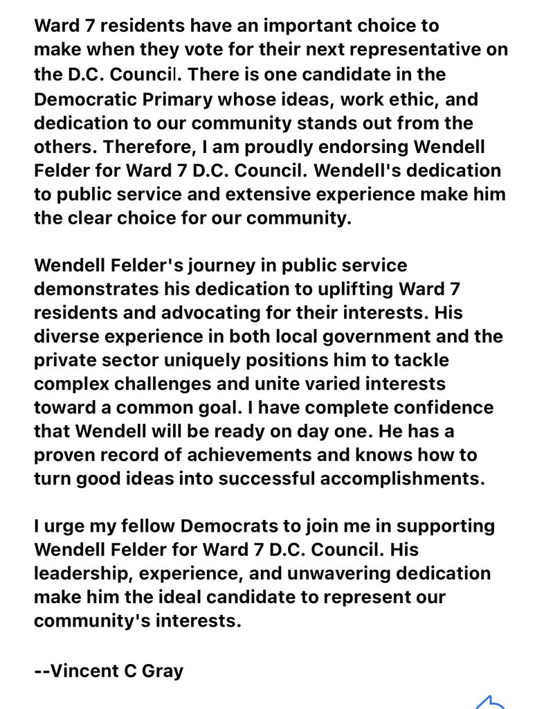 #Breaking: Long-awaited endorsement from <a href="/VinceGrayWard7/">Vince Gray</a> who throws his support behind <a href="/WendellforWard7/">Wendell Felder</a> for <a href="/councilofdc/">Council of DC</a> <a href="/wusa9/">WUSA9</a> 
Full statement: ⬇️