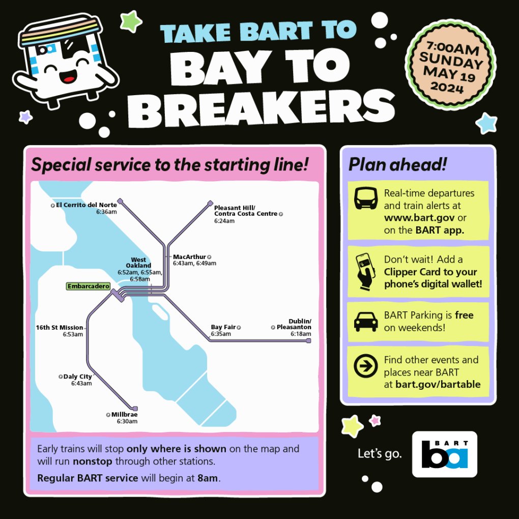 Two days 'til #BaytoBreakers. Reminders: 💪 Stretch 💧 Hydrate 🍌 Fuel 🏃 Take BART We will offer special early service from nine BART stations on Sunday, May 19, with limited stops to get race participants to Embarcadero by 7am. Full details: bart.gov/news/articles/…