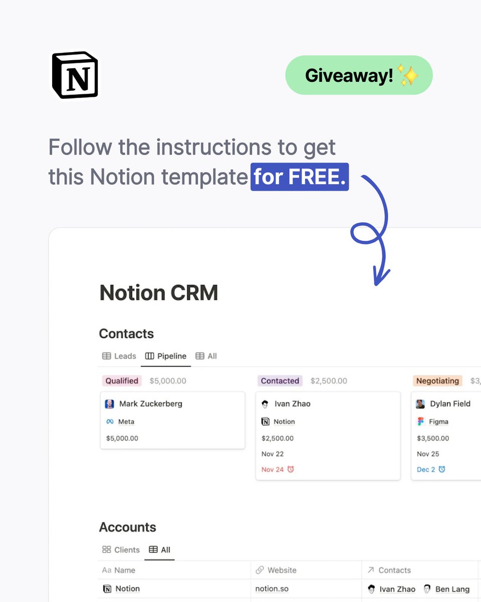 We’re giving away our Notion CRM template!

Manage your business contacts and accounts, and track leads!

𝗪𝗮𝗻𝘁 𝘆𝗼𝘂𝗿 𝗳𝗿𝗲𝗲 𝗰𝗼𝗽𝘆?

👉 Follow <a href="/NotionEverythng/">Notion Everything</a> 
👉 Like + Comment "CRM"

We’ll share the link within the next 24 hours