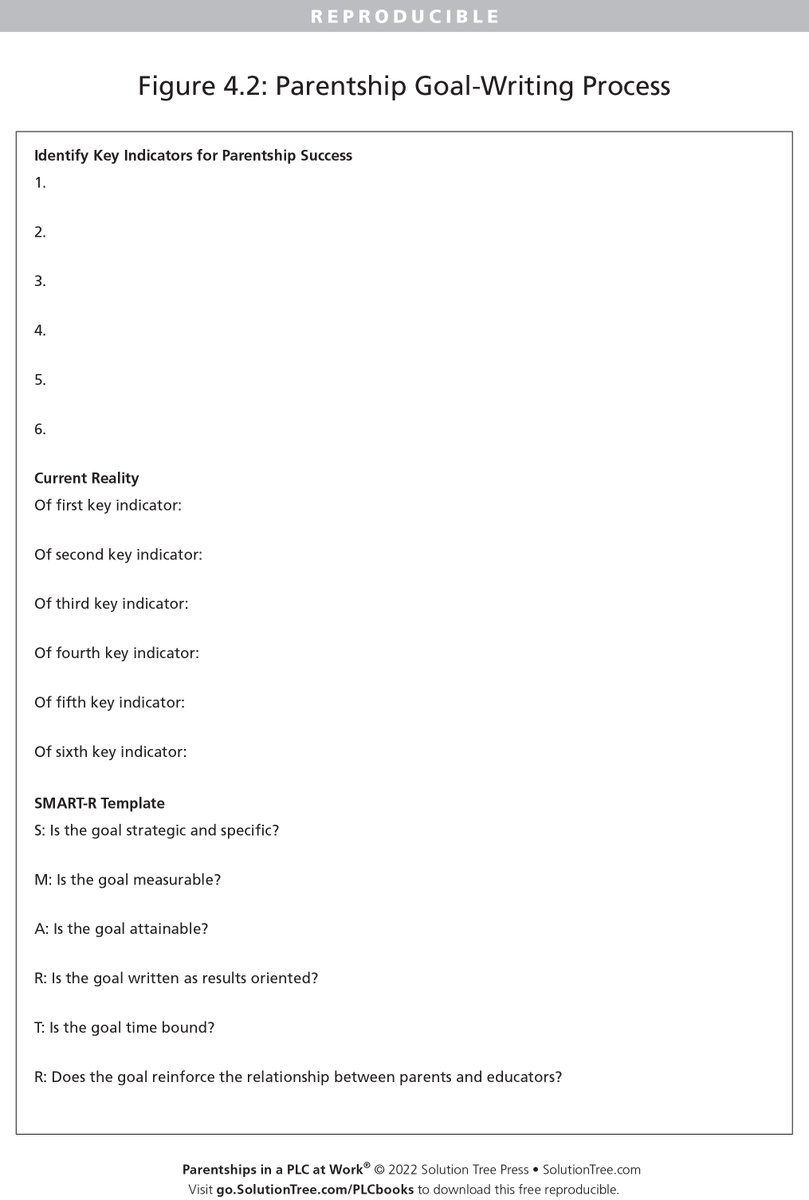 Looking to foster stronger relationships with parents? Utilizing the SMART-R goal-writing process, connect your “parentships” to meaningful goals to monitor incremental improvement. Download more from Parentships in a PLC at Work: bit.ly/40BdXaU #atPLC