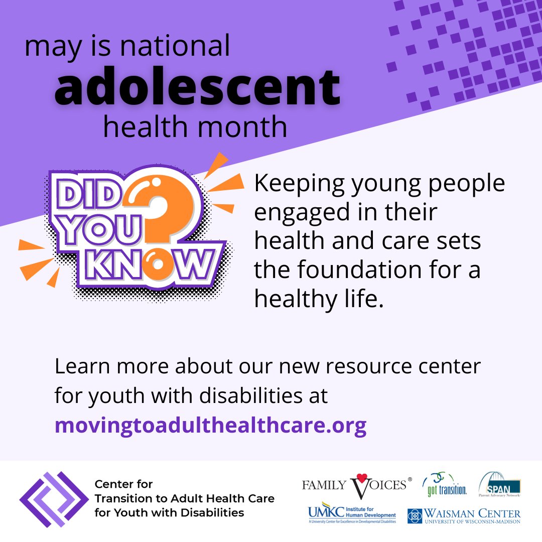 It's National Adolescent Health Month! Keeping young people engaged in their health and care sets the foundation for a healthy life. Learn more about our new resource center for youth with disabilities to manage their health at movingtoadultcare.org. #AdolescentHealth