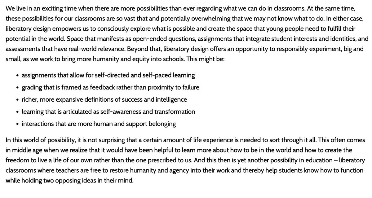 - assignments that allow for self-directed and self-paced learning - grading that is framed as feedback rather than proximity to failure - richer, more expansive definitions of success & intelligence - learning that is articulated as self-awareness & transformation Love this!