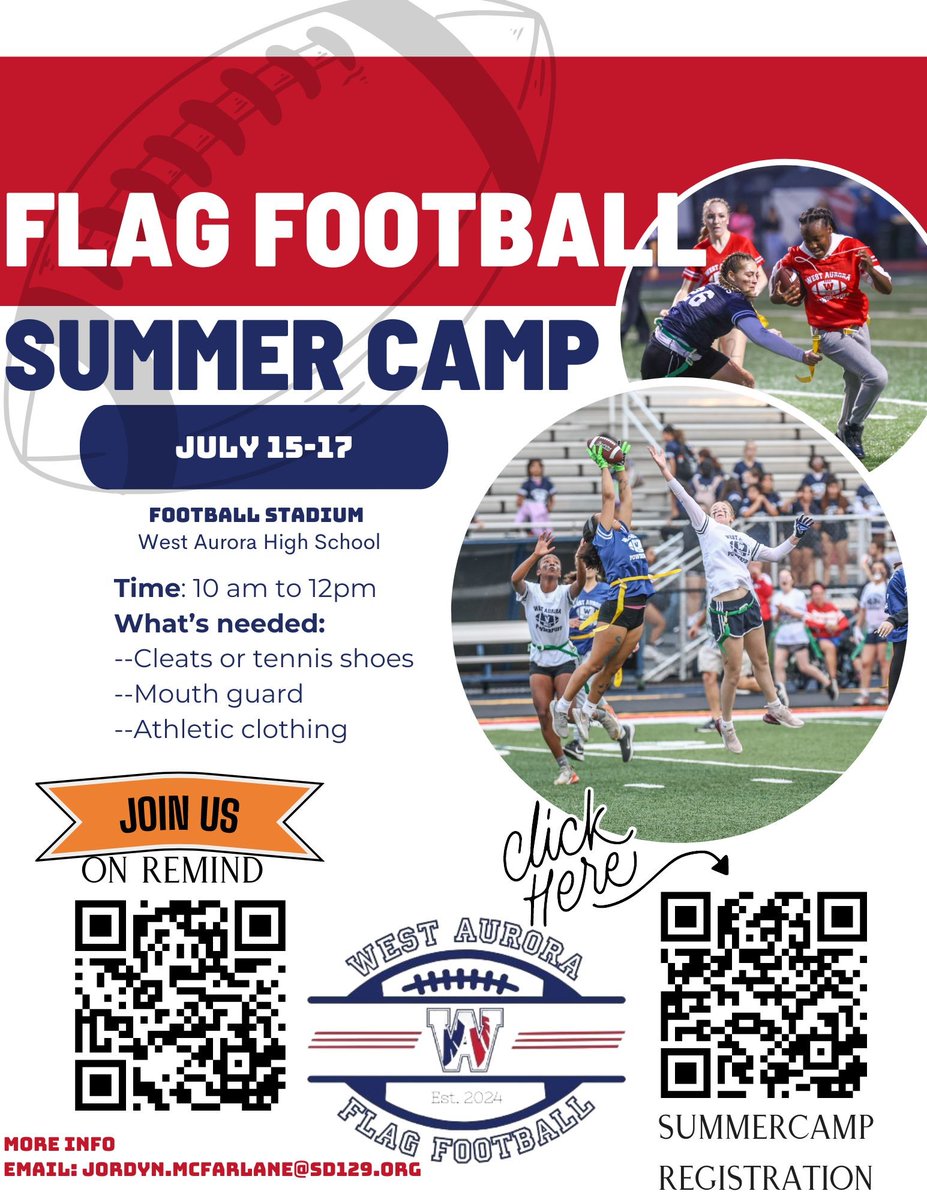Make sure to sign up for our summer camp! Great opportunity to learn more our Flag Football before our 1st ever season! Register here: manage.snap.app/register/wahs/…
