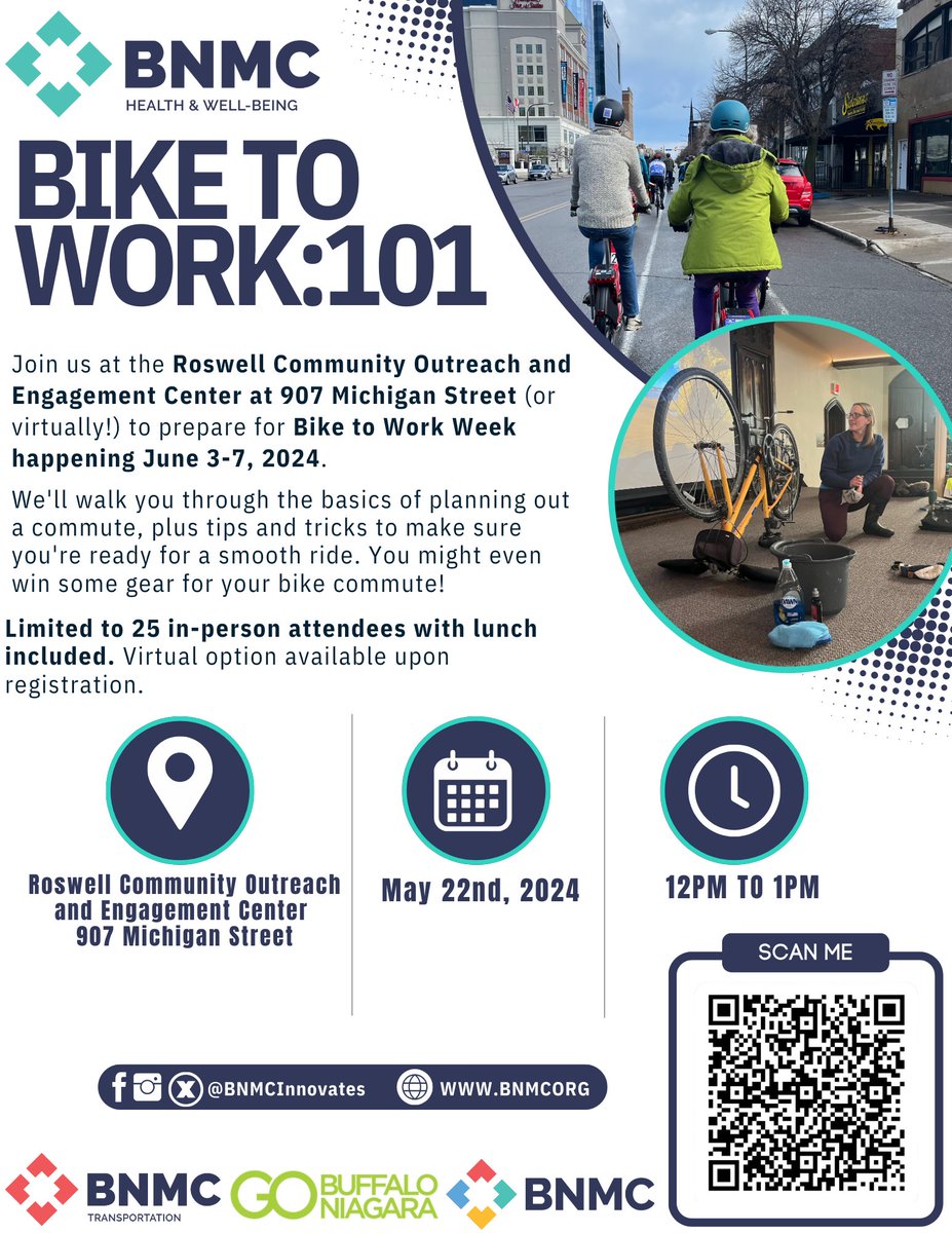 Ready to make your bike commute a breeze? Join us for our BIKE To Work: 101 Workshop on May 22nd! Learn essential tips and tricks to confidently pedal to work during Bike to Work Week from June 3-7, 2024. Don't miss out! Register at BNMC.org or scan the QR Code.