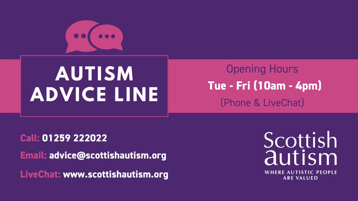 Please note our Fife One Stop Shop will be closed on Wed 22 May and will reopen Thu 23 May. Whilst closed, you will be able to call 01592 645350 to leave a voicemail message or email the team at fifeoss@scottishautism.org. Alternatively, please contact the Advice Line as below👇