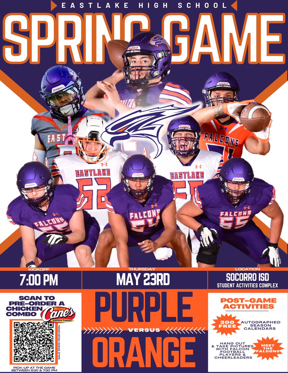 Eastlake Falcon Football Booster Club (@eastlakebooster) on Twitter photo The <a href="/EHSFalconFB/">Eastlake HS Football</a> ๐ฃ vs. ๐ Spring Game is <a href="/SocorroISD/">Socorro ISD</a> SAC May 23 @ 7pm! Pre-Purchase your @RaisingCanes ๐ combo & @Pepsi๐ฅคusing the QR code below! Stay for our post-game events including 3๏ธโฃ0๏ธโฃ0๏ธโฃ ๐ฅFREE๐ฅ autographed season calendars & Meet & ๐ธ <a href="/Eastlake_HS/">Gilbert R . Martinez</a> ๐ & <a href="/Eastlake_cheer/">EastlakeCheer</a>! The <a href="/EHSFalconFB/">Eastlake HS Football</a> ๐ฃ vs. ๐ Spring Game is <a href="/SocorroISD/">Socorro ISD</a> SAC May 23 @ 7pm! Pre-Purchase your @RaisingCanes ๐ combo & @Pepsi๐ฅคusing the QR code below! Stay for our post-game events including 3๏ธโฃ0๏ธโฃ0๏ธโฃ ๐ฅFREE๐ฅ autographed season calendars & Meet & ๐ธ <a href="/Eastlake_HS/">Gilbert R . Martinez</a> ๐ & <a href="/Eastlake_cheer/">EastlakeCheer</a>!