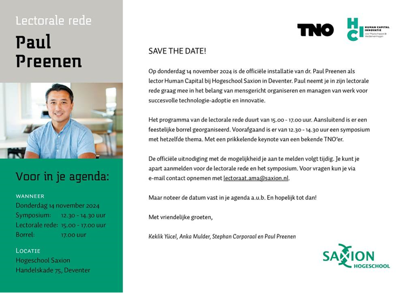 Save the date! Lectorale rede Paul Preenen - 14 november Saxion Deventer