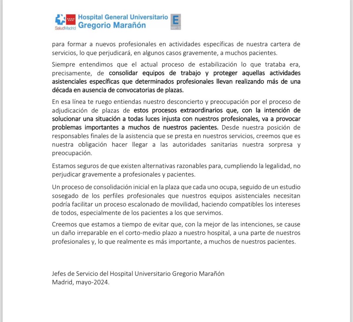 Jefes del Hospital Gregorio Marañón se unen a los del 12 de Octubre, Puerta de Hierro y la Paz. Otra carta a @SaludMadrid #FatimaMatute en contra de los procesos de DESestabilizacion de @ComunidadMadrid @IdiazAyuso. Mantengamos la excelencia de la #SanidadPublica #FijezaYa