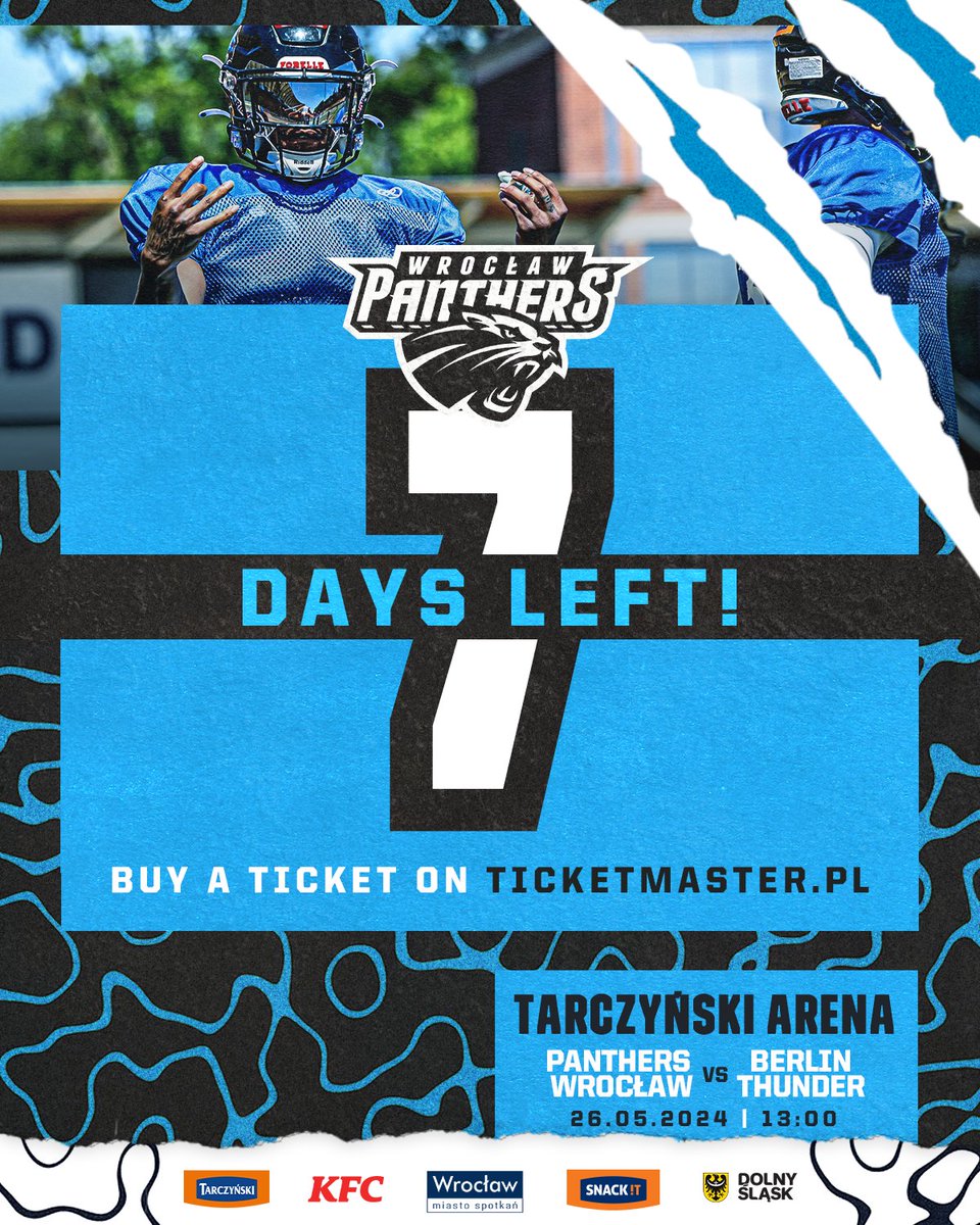 ONE WEEK TO THE GAME! 🔥 May 26th, Tarczyński Arena Wrocław, Panthers Wrocław vs Berlin Thunder! You have to be there 🏟️ Tickets: 👉 ticketmaster.pl/event/34207