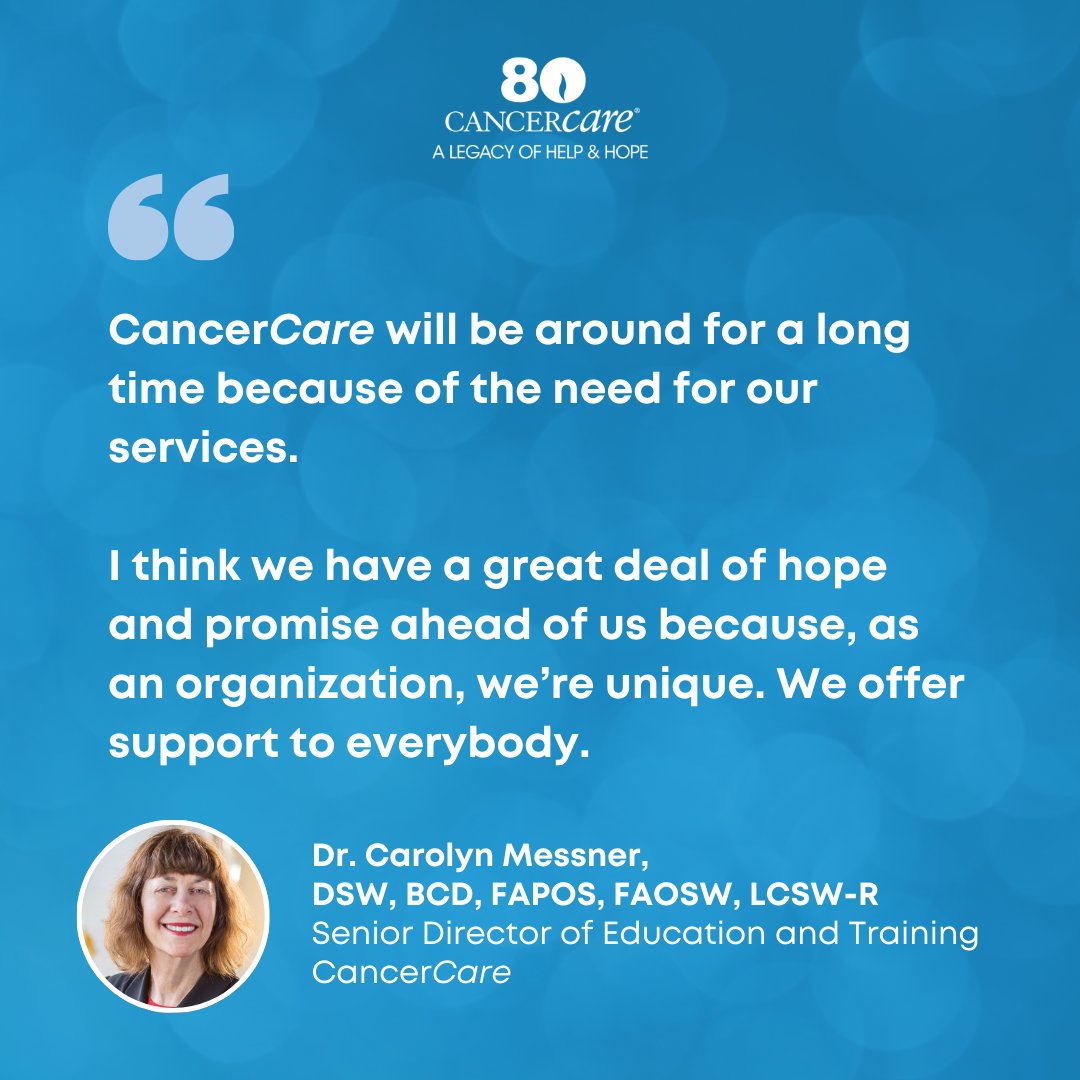 For our 80th anniversary, we spoke with CancerCare staff to discuss the organization’s history & impact. Read more of our conversation with Dr. Carolyn Messner, DSW, BCD, FAPOS, FAOSW, LCSW-R, CancerCare’s Senior Director of Education & Training: loom.ly/C36LF6A