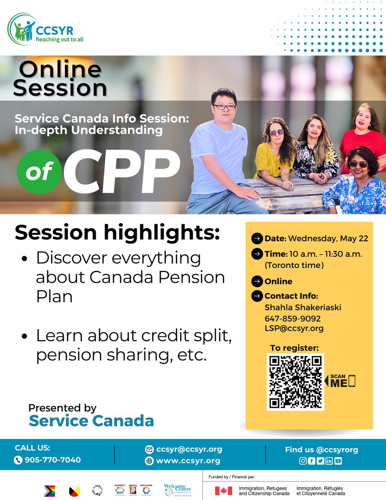 Learn everything you need to know about the Canada Pension Plan in this online session on May 22. 

Contact LSP@ccsyr.org to register today.  

#CPP #CanadianRetirement #FinancialPlanning #RetirementGoals
#RetirementMadeEasy #CCSYR