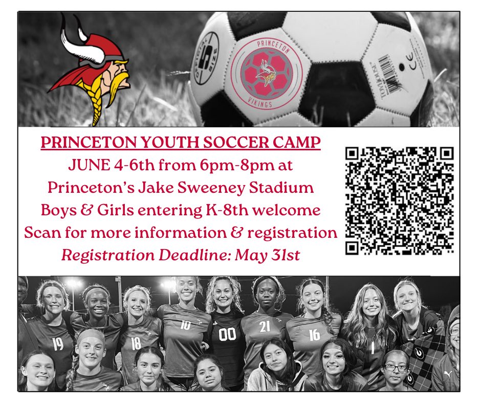 Come develop your ⚽️ soccer ⚽️ skills with current Princeton boys and girls soccer players and coaching staff! Who: Boys and Girls - Entering Grades K-8th When: June 4th - 6th, 2024, 6-8pm Where: Pat Mancuso Field at Jake Sweeney Automotive Stadium #AAGV #GoVikes
