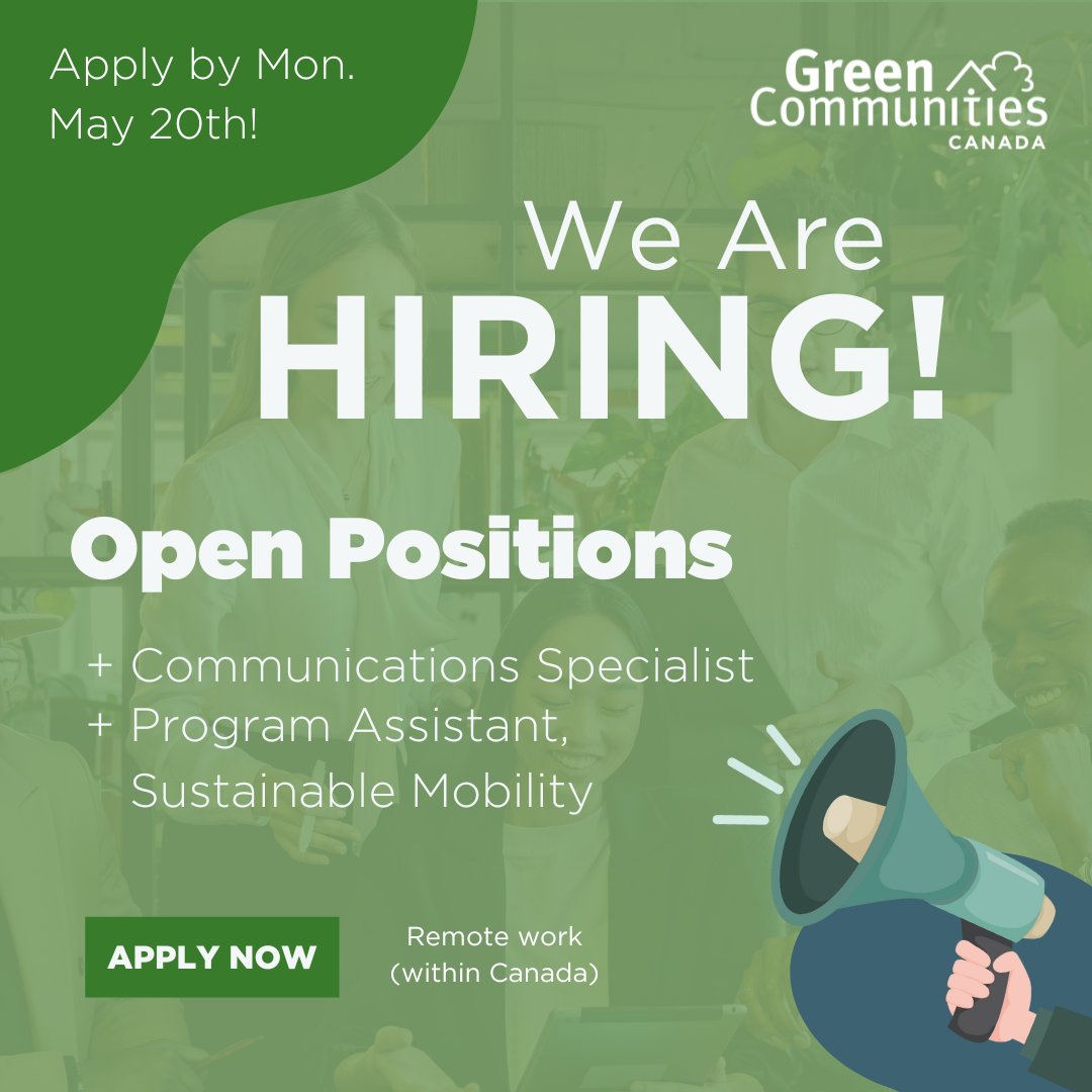 📣 We are #hiring! Three days left to get your applications in!

For how to apply, please visit our careers page:
greencommunitiescanada.org/careers/

#Communications #SustainableMobility #GreenJobs #JobAlert #NotForProfit #Charity #ENGO #NonProfit #EmploymentEquity #EmploymentDiversity #NGO
