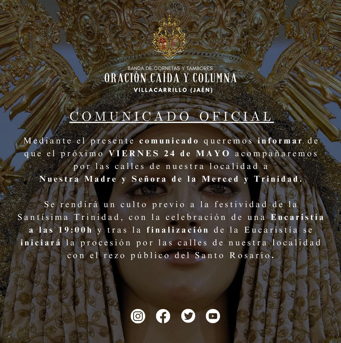 SANTO ROSARIO | El próximo Viernes día 24 de Mayo, nuestra formación pondrá sus sones detrás de Ntra. Madre y Sra. de la Merced y Trinidad <a href="/oracionycaida/">Tracion (Ø,G)</a>, en diferentes estaciones del Santo Rosario. 

#ocyc