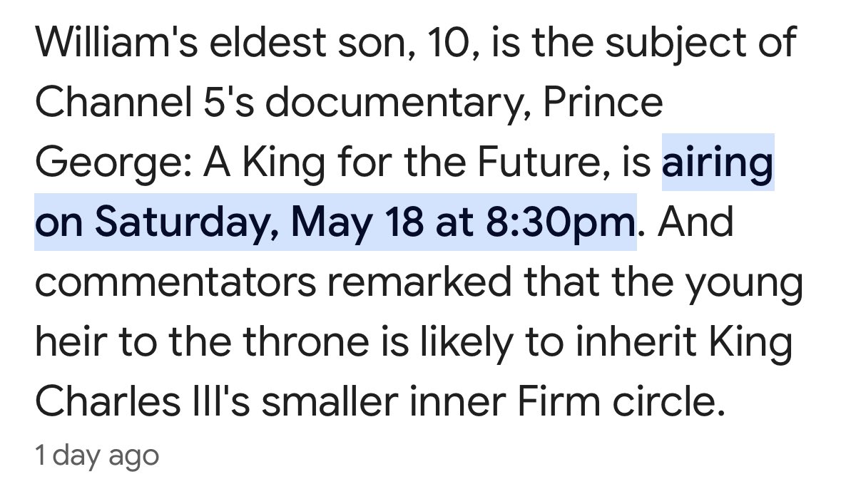 Good Afternoon all. 

On Saturday 18th May <a href="/channel5_tv/">Channel 5</a> will be broadcasting a documentary 
“Prince George: A King for the Future”. Please let’s support this by watching at 8:30pm boosting their ratings on positive media supporting our Monarchy rather than Markle propaganda.