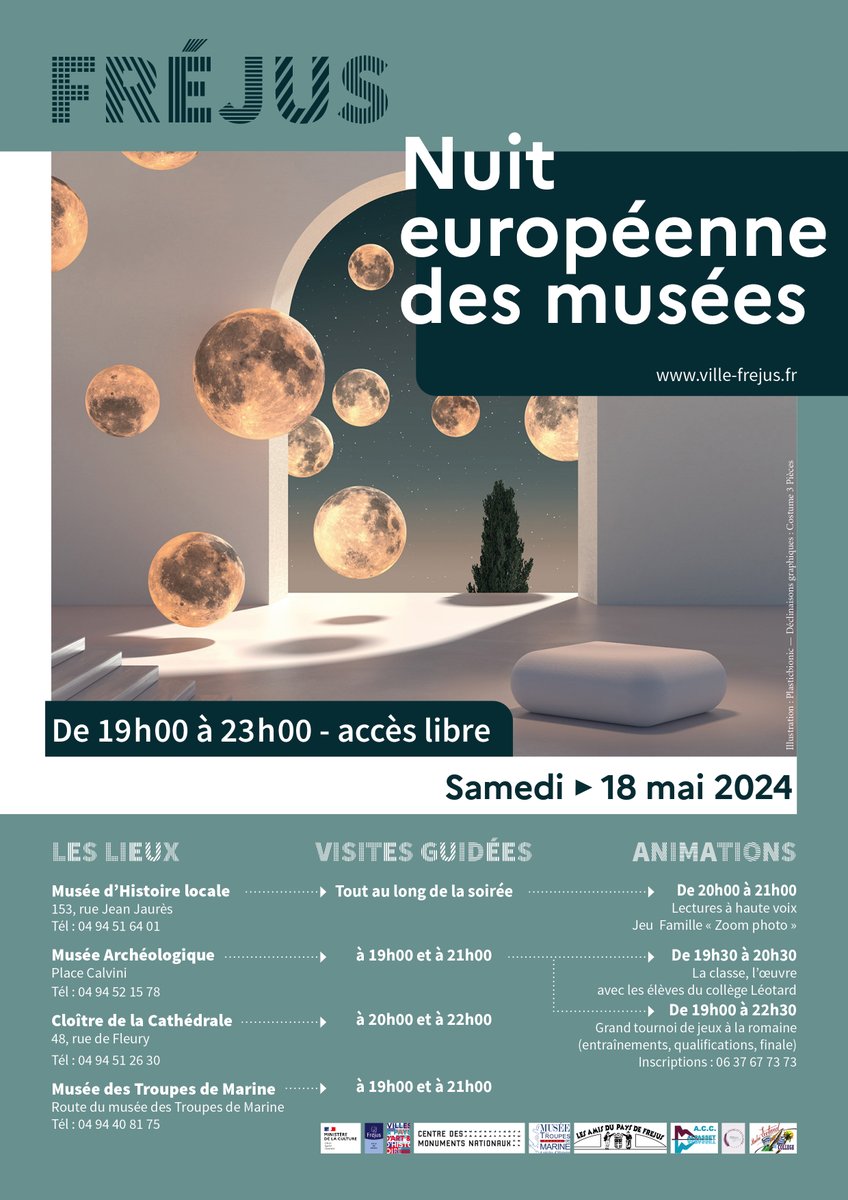 🌜 À vos agendas pour la Nuit européenne des musées ! Fréjus propose en accès libre des expositions, des animations, des visites guidées et de nombreuses activités sur plusieurs sites de la ville. 📆 Samedi 18 mai ⏰ 19h - 23h ➡️ Programme : tinyurl.com/bddcc68p #NuitDesMusees