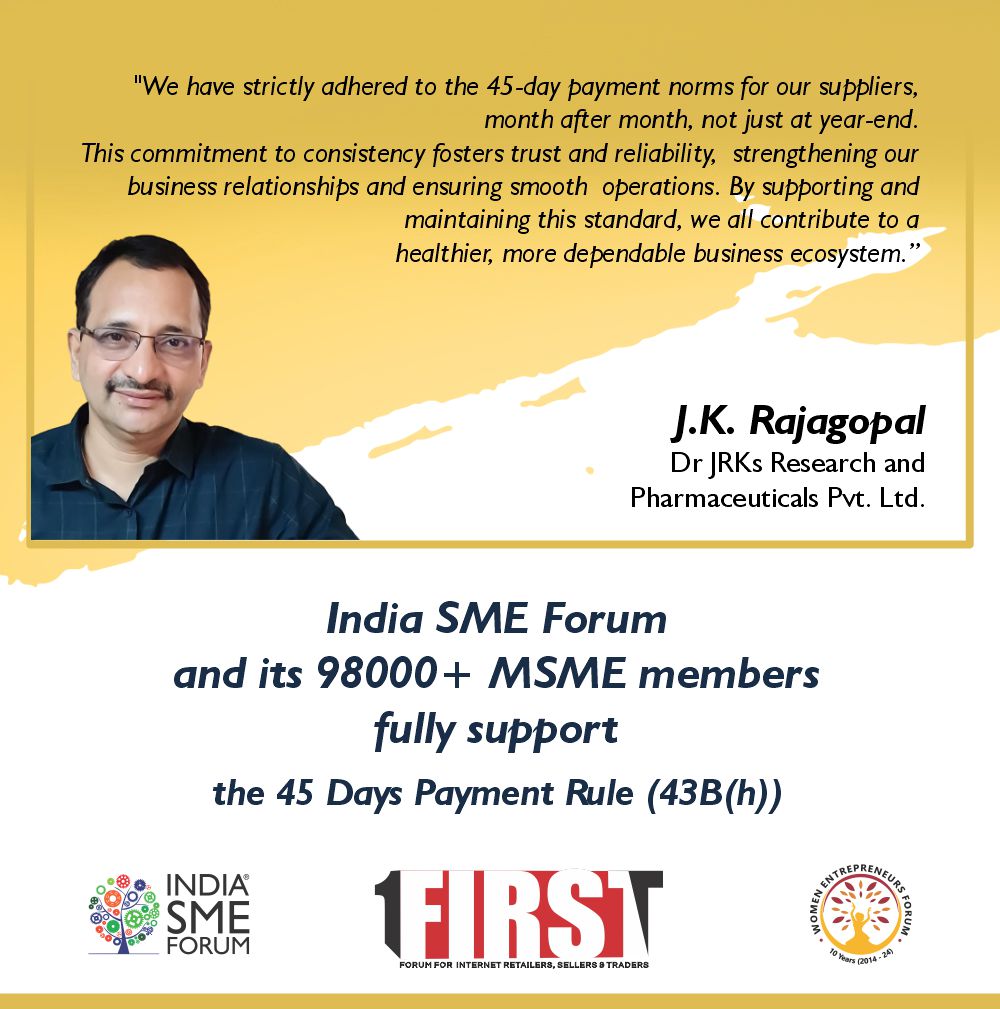 India SME Forum and its members fully support the 45 Days Payment (43B(h)) as it is highly beneficial to Micro and Small Entrepreneurs as well as for India's entrepreneurial ecosystem. What are your thoughts? Share with us! #MSME

<a href="/minmsme/">Ministry of MSME</a> <a href="/FinMinIndia/">Ministry of Finance</a> <a href="/IncomeTaxIndia/">Income Tax India</a> <a href="/cbic_india/">CBIC</a>