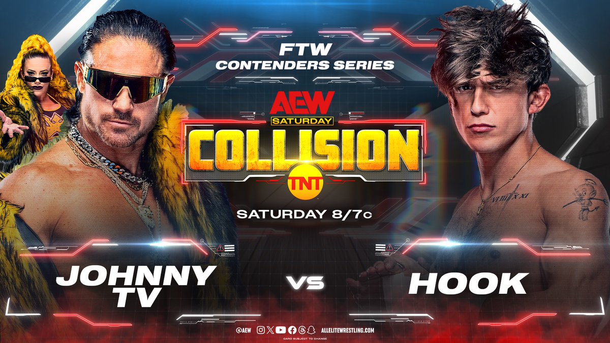 #AEWCollision TOMORROW NIGHT! 8pm ET/7pm CT | TNT FTW Contenders Series @TheRealMorrison vs @730hook HOOK wants a spot in FTW 3-Way Eliminator, to earn it he must face #JohnnyTV in a FTW Contender Series match TOMORROW, and the winner moves on to the Eliminator @ #AEWDynamite!