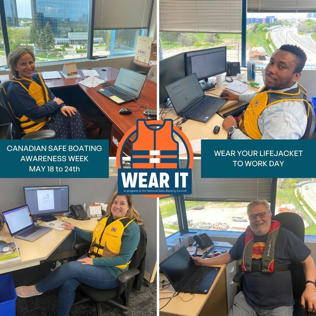🇨🇦 We're Kicking off Canadian Safe Boating Awareness Week with Wear Your Jacket to Work Day. Here we see our staff Kelly, Oke, Vanessa and John. Happy Boating Season to All!
#wearit #boatlife