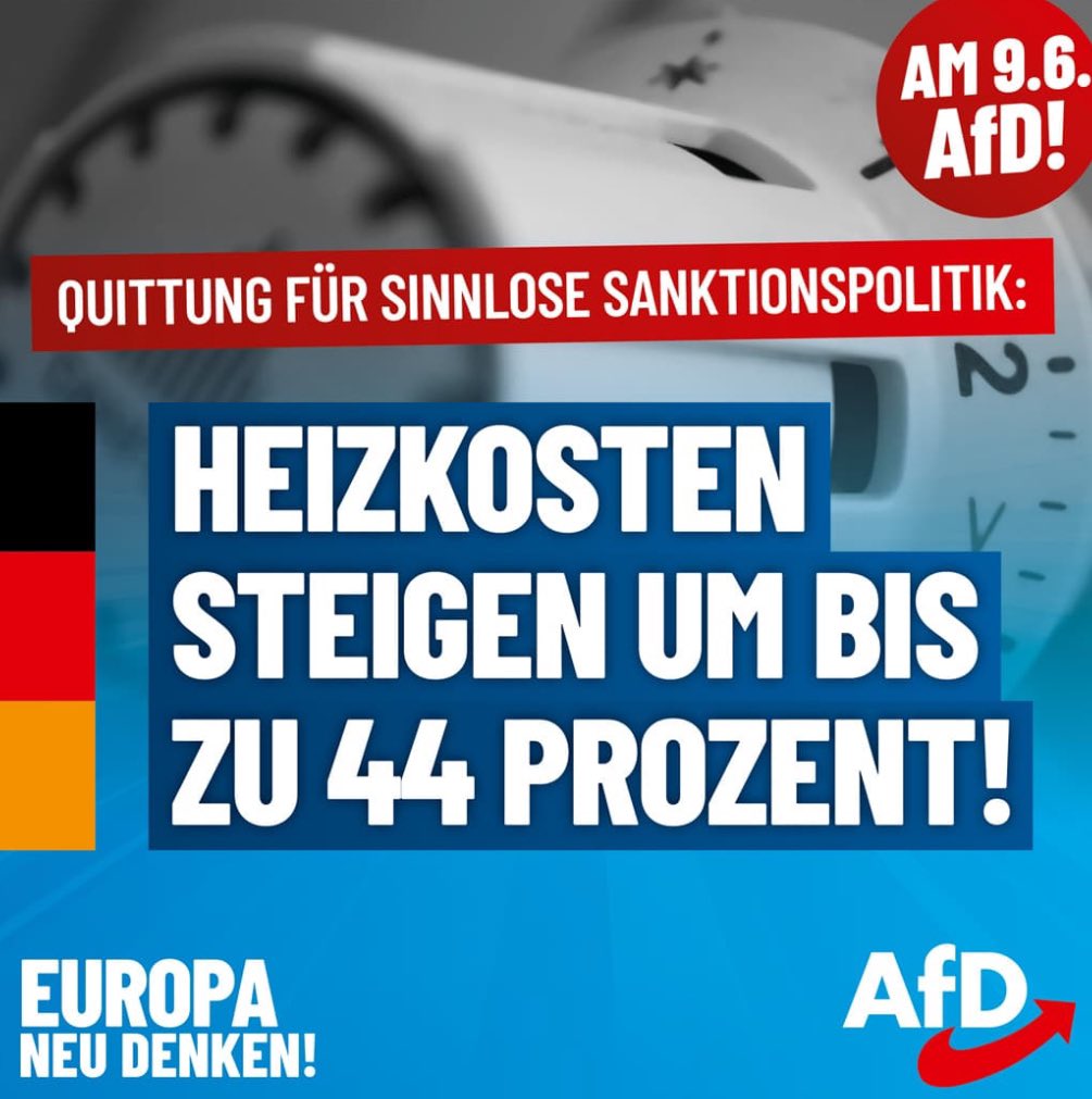 Heizkosten steigen um bis zu 44 %: Stoppt die sinnlose Sanktionspolitik! #AfD #MutzurWahrheit #Europaneudenken #EUWahlkampf2024