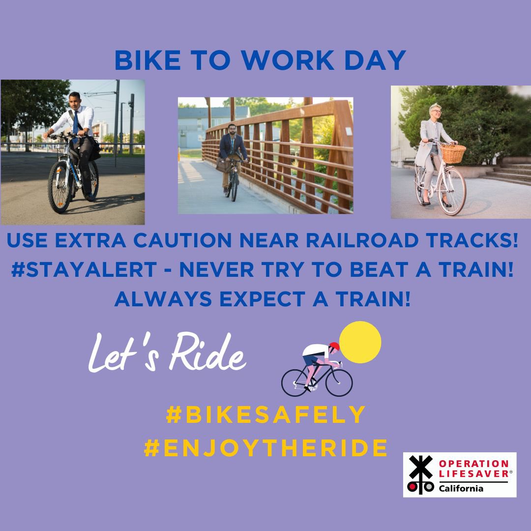 It's #BikeToWorkDay Near railroad tracks, use extra caution. Even if you are running late, #NeverTryToBeatATrain #NoHeadphones #StayOffTracks #BikeSafetyMonth #RespectTheRails #ArriveSafe #EnjoyTheRide