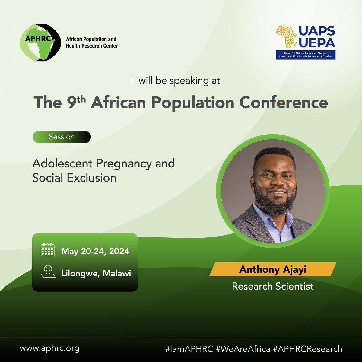 APHRC at the 9th African Population Conference by 
@UAPS_UEPA.  

@aiajayi will participate in a panel discussion on Adolescent Pregnancy and Social Exclusion.

Stay tuned for more.

#APC2024 #9thAPC
#APCMalawi #WeAreAfrica #APHRCResearch