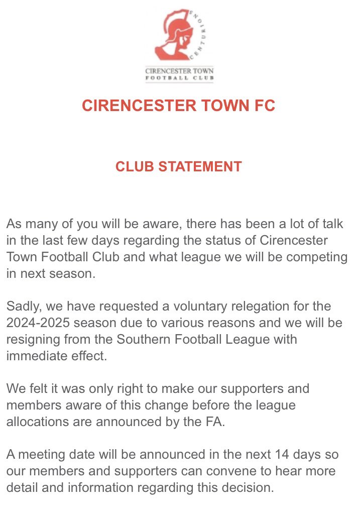 SPORT: Cirencester Town have announced their resignation from the Southern Football League and released the following statement on their website. The Hellenic League have announced the Centurions will join its Premier League for 2024-25.