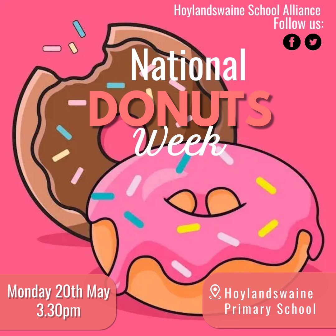 Hi everyone 👋 
Why not join us for #NationalDonutsWeek after school on Monday <a href="/HoylandswainePS/">Hoylandswaine Primary School</a> 
What better way to end #TTRockstars Day than with a delicious donut 🍩 
Don’t forget your £ and we’ll see you in the playground from 3.30pm. 
Have a great weekend 🥳 
Thanks HSA 💝