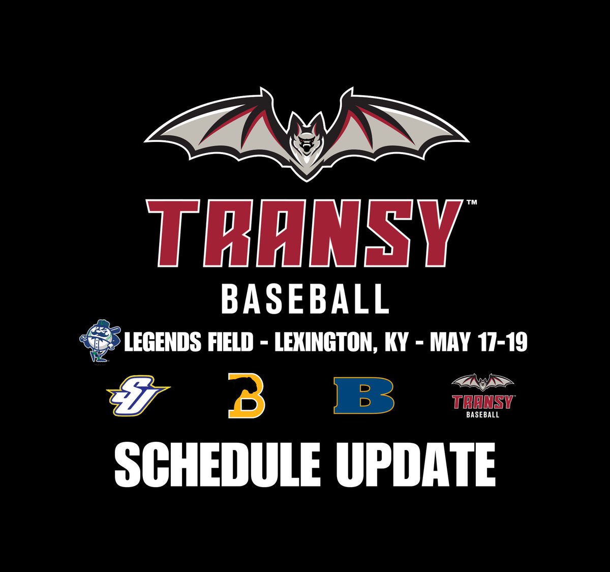 🚨 Transylvania Baseball’s regional will not start on time today due to weather. Game one between @SUGoldenEagles and @BeloitBucs will now be played at 1 PM. Transylvania and @BSCsports will now play at 4 PM. Gates open at 12 PM. #FlyPios🦇 | @Transy