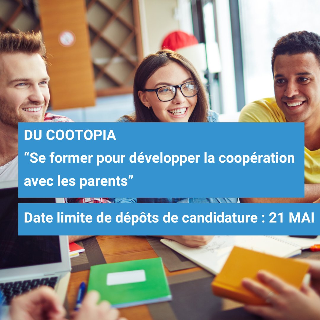 INSPÉ de l'académie de Versailles (@inspeversailles) on Twitter photo 📲Appel à #candidatures pour le #DUCOOTOPIA : "Se former pour développer la coopération avec les parents" Date limite 📌21 mai.
Plus d'infos 👉inspe.ac-versailles.fr/2022/07/du-coo…
<a href="/UniversiteCergy/">CY Cergy Paris Université</a>
<a href="/bu_cyu/">CY Bibliothèque universitaire</a>
#ecolefamille
#ReussitedesEnfants 📲Appel à #candidatures pour le #DUCOOTOPIA : "Se former pour développer la coopération avec les parents" Date limite 📌21 mai.
Plus d'infos 👉inspe.ac-versailles.fr/2022/07/du-coo…
<a href="/UniversiteCergy/">CY Cergy Paris Université</a>
<a href="/bu_cyu/">CY Bibliothèque universitaire</a>
#ecolefamille
#ReussitedesEnfants