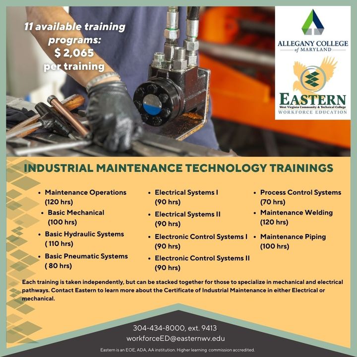 #EasternWV in partnership with Allegany College of Maryland, offers 11 training programs. Completing these programs will earn you a certificate of Industrial Maintenance in electrical or mechanical. easternwv.edu/workforce-educ…
#DiscoverEWV #industrialmaintenance #workforce