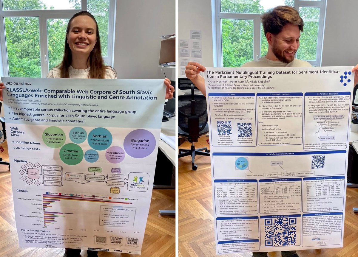 Will you be at the LREC-COLING?
Stop by our posters on Day 1 😃
- 15:50-17:10 (poster area 2): ParlaSENT - multilingual political sentiment analysis with domain-specific pretrained models
- 17:30-19:10 (poster area 1): CLASSLA-web - comparable South Slavic web corpora with genres