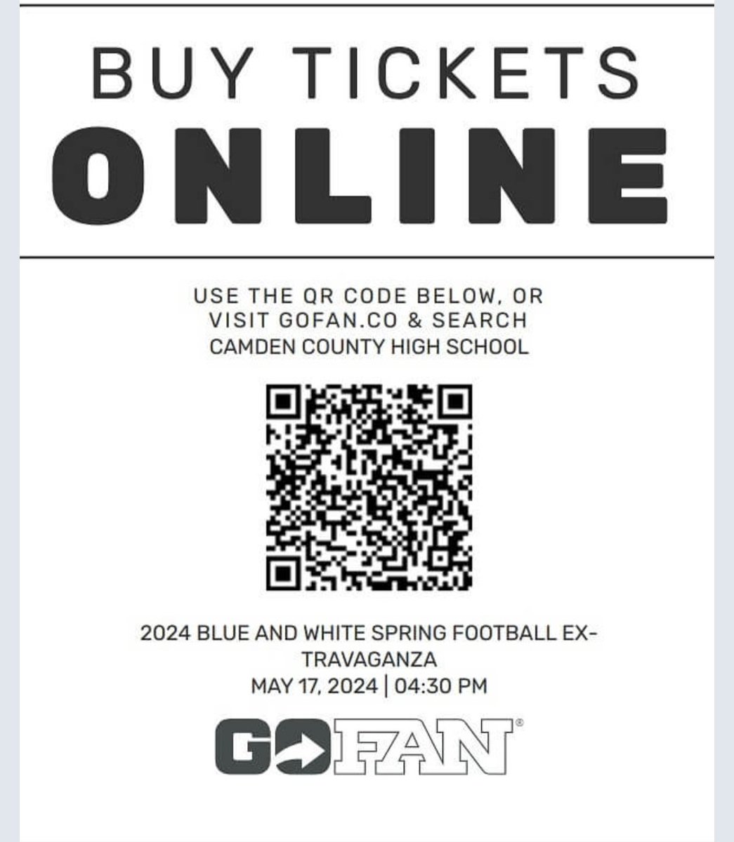 GAME DAY! Come out to the Blue & White Scrimmage today: -Middle schools at 4:30 p.m. -9th grade at 5:30 p.m. -JV/Varsity at 6:30 p.m. Tickets purchased online! See QR code below. #ForC🐾MDEN @COACH217ROLAND @QBOCCoachAlford