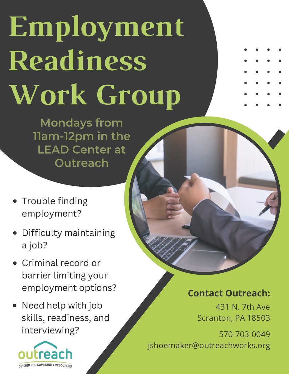 Need help with your resume and job search? Come and be part of the Employment Readiness Group at Outreach on Mondays - contact the LEAD Center for more information. #workforcedevelopment #employment #careerservices #secondchanceemployment #supportgroup #OutreachWorks #community