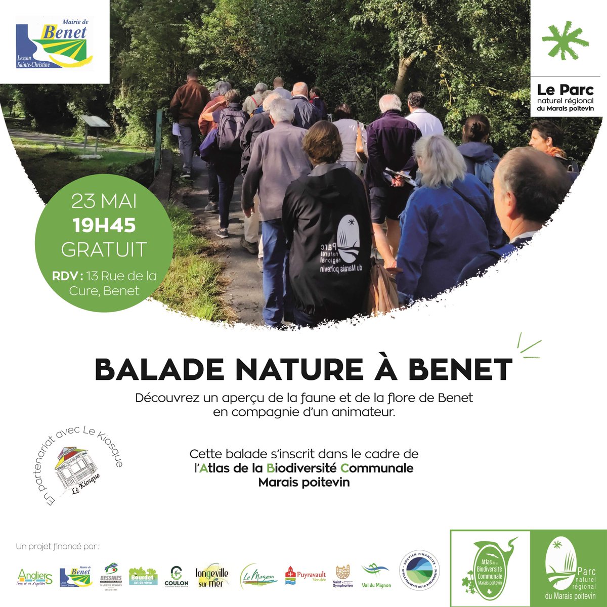 🌿RDV jeudi 23 mai 2024 à 19h45 à Benet. Le Parc vous emmène en balade nature, avec la commune et le Centre socioculturel Le kiosque. 1ère d'une série de nombreux nos évènements de l'#AtlasBiodiversiteCommunale #Maraispoitevin jusqu'en 2026 ! +infos > swll.to/MtqLMcj