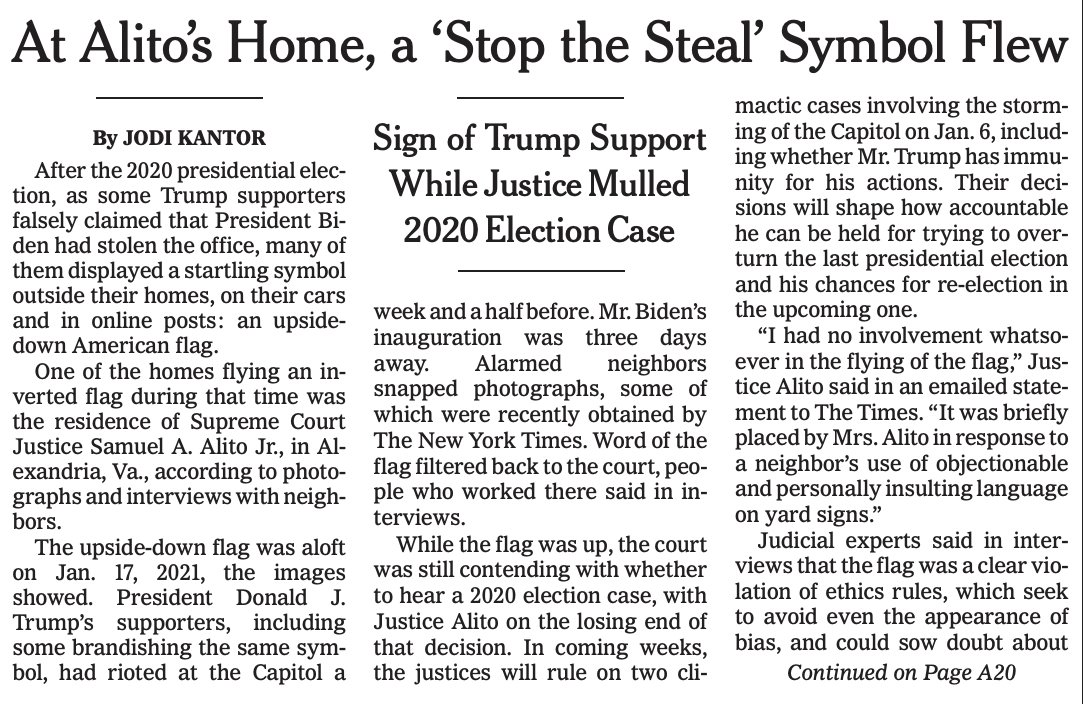 Above the fold on Page One today: @JodiKantor's jaw-dropping story about the American flag flying upside down outside Samuel Alito's home 'while justice mulled 2020 election case'