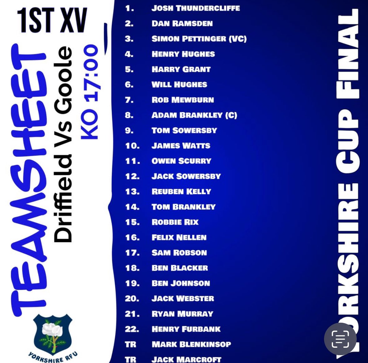 Here is our final team for this season. @YorkshireRugby cup up for grabs. Come on Driff. 🔵🌑⚪️@WoldsWeekly @NORTHRUGBY1 @GooleRUFC