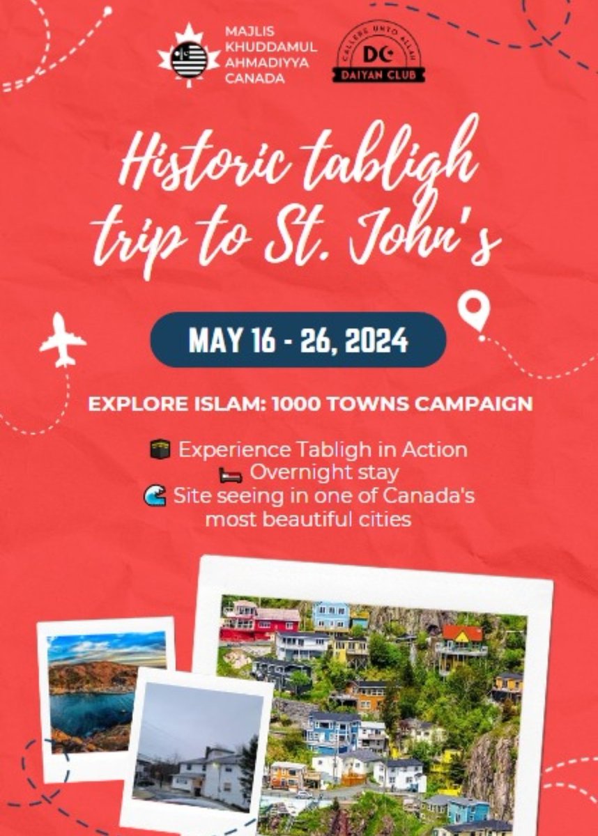 By the grace of Allah, 27 Muslim Youth from @AMYACanada are traveling to St. John’s, Newfoundland for a historic Tabligh trip! The team will be visiting towns in which the message of Islam Ahmadiyyat has not yet reached. Please remember them in your prayers.