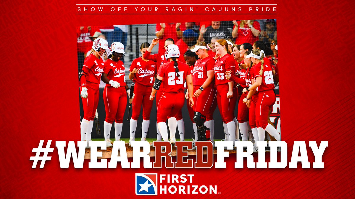 It's #WearRedFriday and NCAA Regional time for @RaginCajunsSB‼️ Be sure to share your photos in Ragin' Cajuns gear with #WearRedFriday, for your chance to be featured in our bi-weekly newsletters! #GeauxCajuns | @FirstHorizonBnk