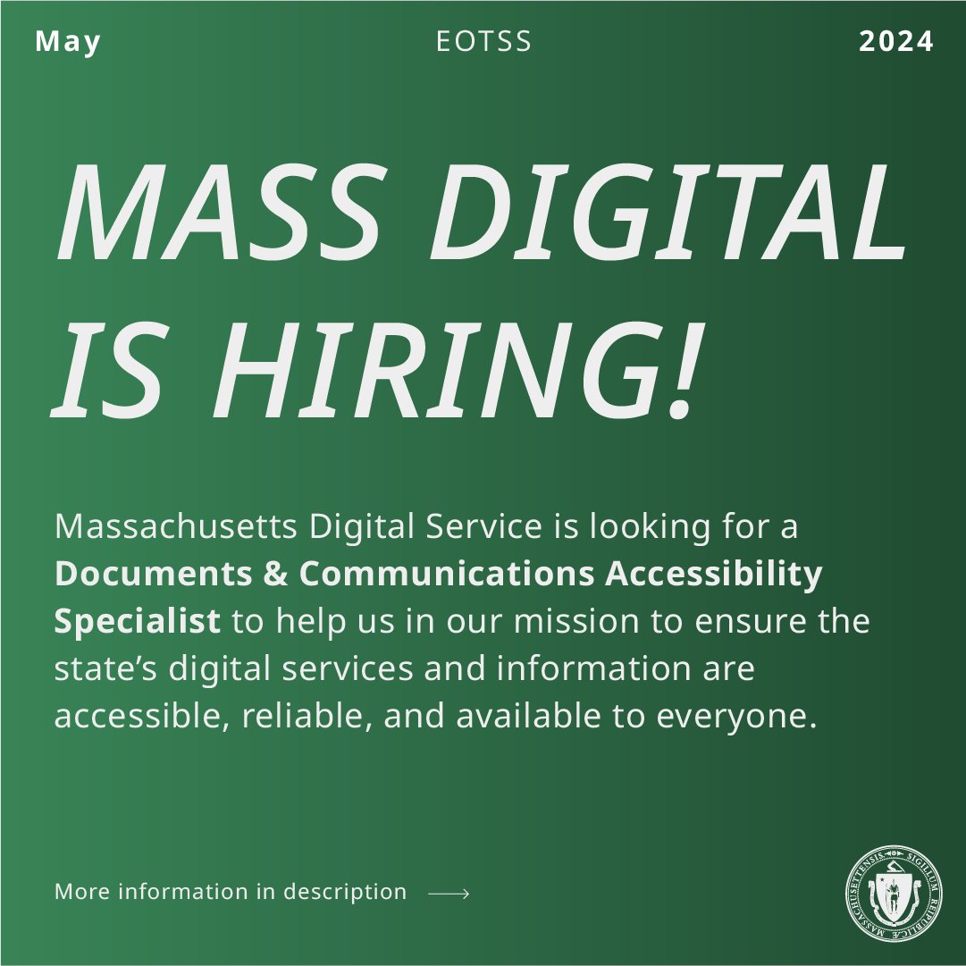 We’re looking for a Documents &amp; Communications Accessibility Specialist to help us in our mission to ensure the state’s digital services and information are accessible, reliable, and available to everyone. Learn more: ow.ly/qBkL50RJHIW
