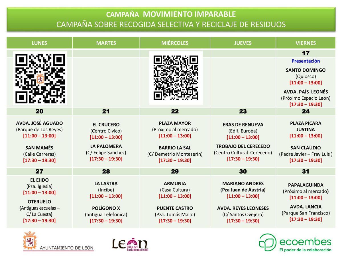 En el Día Mundial del Reciclaje, arranca la campaña ‘Movimiento Imparable’ de #LeónEsp y @ecoembes. Recorrerá barrios y pedanías hasta el 31 de mayo. El concejal Jon Fernández ha visitado hoy el punto informativo de Santo Domingo. Más info en 👀👀🔗🔗 tinyurl.com/32rbj6cz