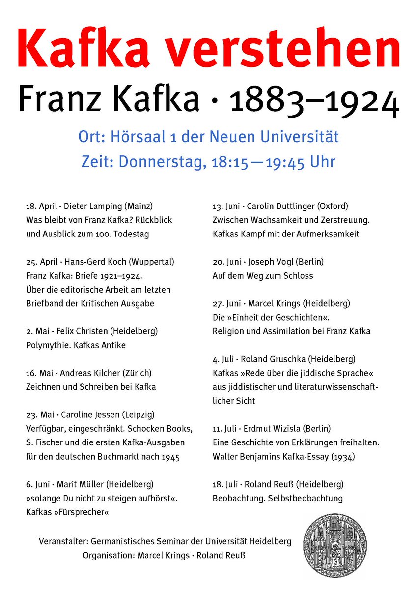 #savethedate Verfügbar, eingeschränkt. Caroline Jessen spricht am Do, 23. Mai, über Schocken Books, S. Fischer und die ersten Kafka-Ausgaben für den deutschen Buchmarkt nach 1945. Der Vortrag findet im Rahmen der Ringvorlesung »Kafka verstehen« an der Uni Heidelberg statt.