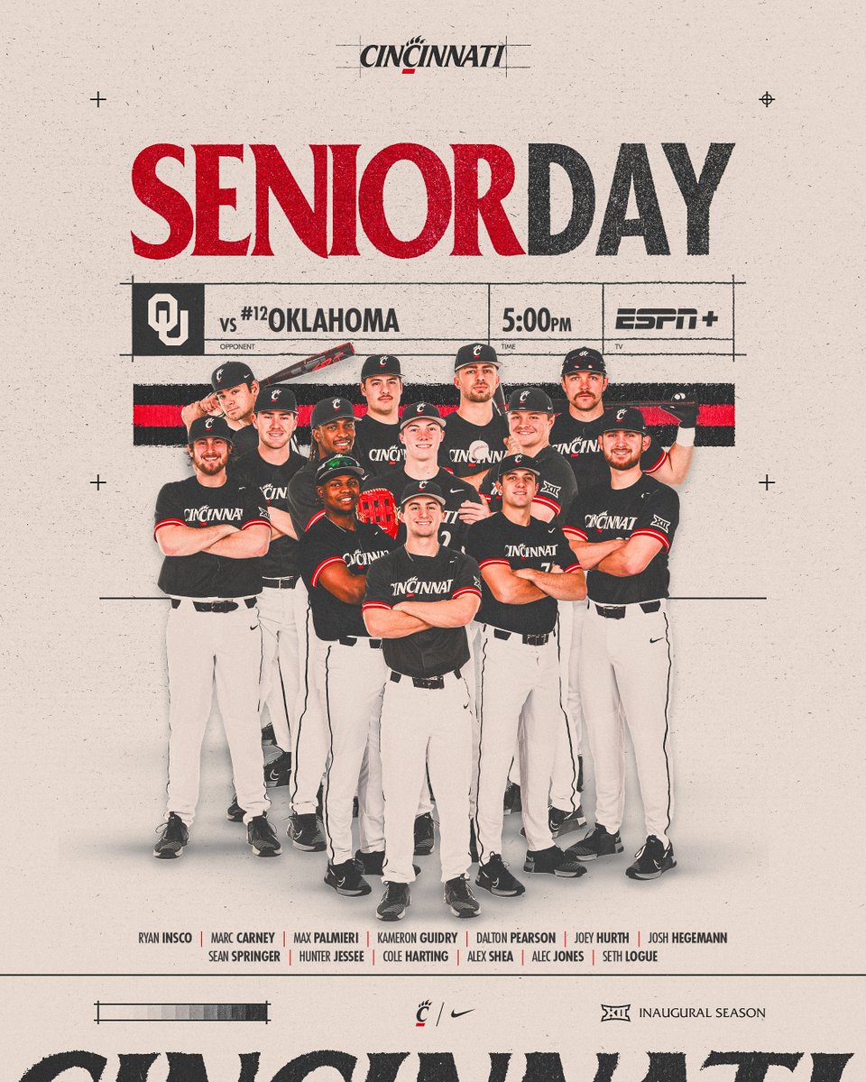 𝐒𝐞𝐧𝐢𝐨𝐫 𝐃𝐚𝐲 🫡

🆚 <a href="/OU_Baseball/">Oklahoma Baseball</a> 
⏰ 5 PM
📍 UC Baseball Stadium
📺 cpaw.me/Watch
📊 cpaw.me/LiveStats
🎟️ cpaw.me/Tickets