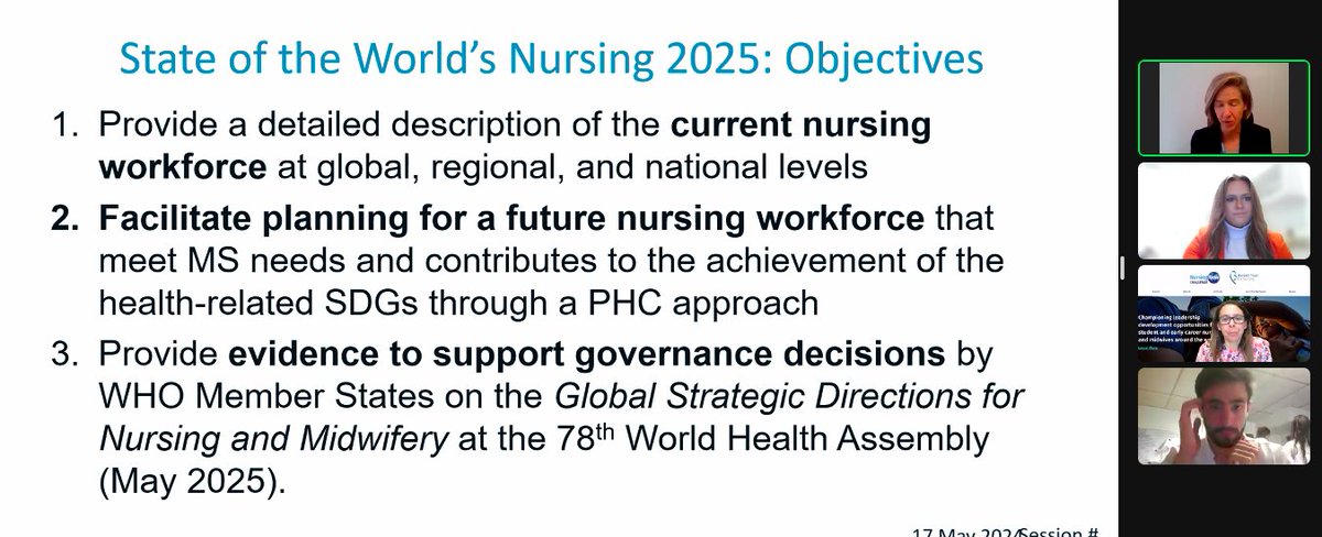 Objectives of the State of the World's Nursing report 2025 👇 If you haven't managed to join today's session with @DrCareyMcCarthy don't worry! As always, you'll be able to access the recording later today on our #YouTube channel #Nurses @ProfessorAisha @BurdettTrust