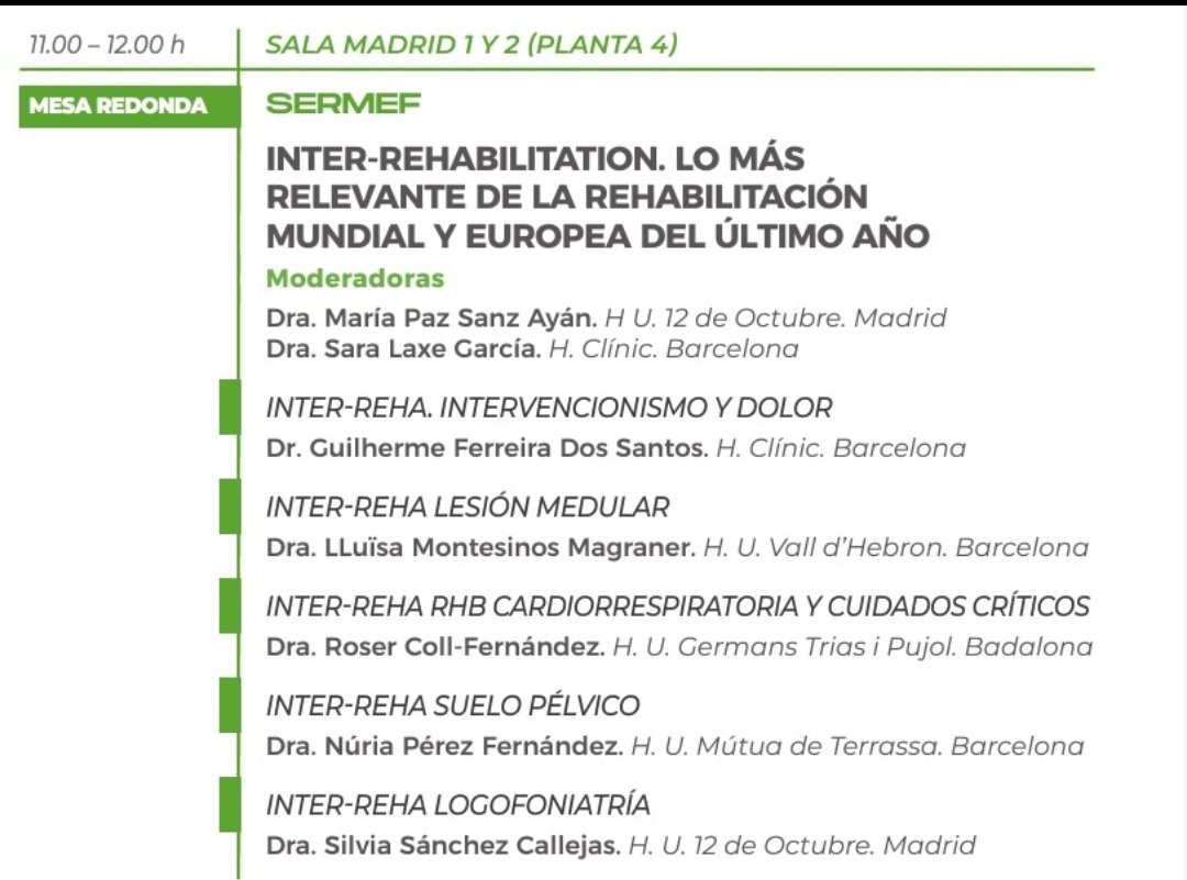 Mesa de gran interés, Inter-Rehabilitation en Congreso #sermef2024 <a href="/SERMEF_es/">SERMEF</a> lo más destacado de este pasado año en diferentes subespecialidades de la RHB, y dolor, respiratorio y críticos, lesión medular, suelo pélvico y foniatria <a href="/SORECAR_es/">SORECAR</a>