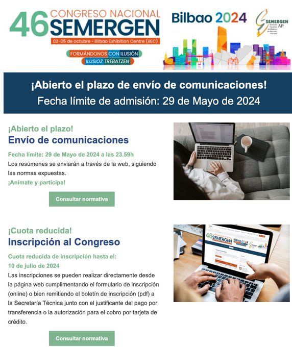👁️‍🗨️ Abierto el plazo de envío de comunicaciones para el 46 Congreso Nacional #SEMERGEN24 que celebramos del 2 al 5 de Octubre en Bilbao. 💻 CongresoNacionalSemergen.com