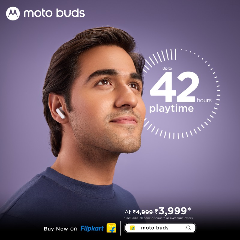 motorolaindia's tweet photo. Immerse yourself in upto 42 hours of uninterrupted audio with #MotoBuds! Enjoy up to 2 hours of playtime in just 10 minutes of fast charging, perfect for commutes, workouts, or getting lost in your favorite music.
Buy Now @flipkart & https://t.co/azcEfy2uaW.
#SoundOfYouth