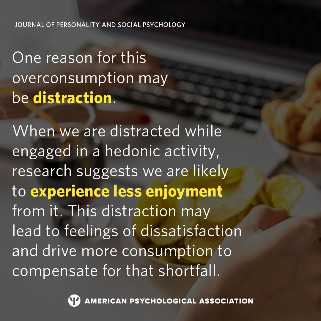 Ever eat an entire tub of popcorn while watching a movie, only to find yourself feeling hungry again an hour later? New #research published by APA suggests those who eat while distracted report lower enjoyment and satisfaction: at.apa.org/m1n #psychology #distraction
