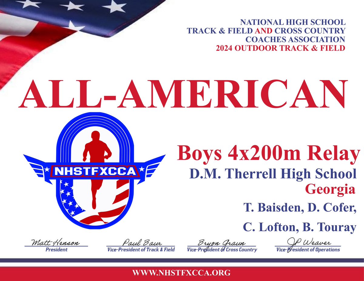 Congratulations to our Boys 4x200m relay for achieving the qualifying standard to be considered All-American by the National High School Track & Field and Cross Country Coaches Association 🇺🇸 @NHSTFXC #PantherProud #CommitToTheT #TherrellOutFront @therrellathlet1