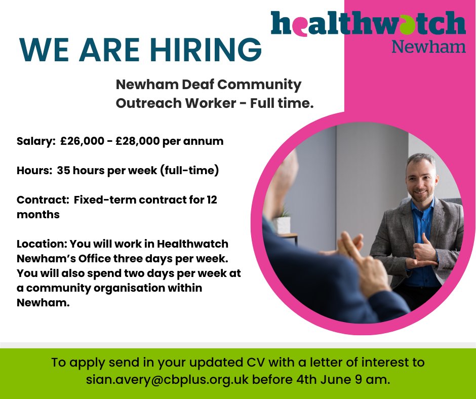 We are Hiring! For more details go to our website or click on the link - healthwatchnewham.co.uk/news/2024-05-1… #healthwatch #jobvacancy #deafcommunity #newham